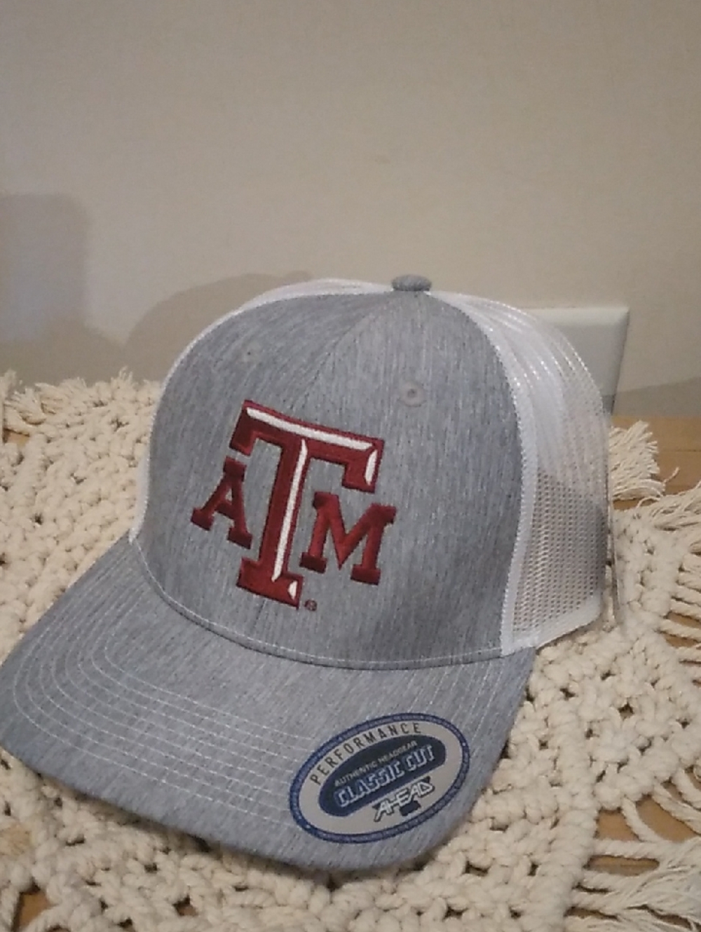 Gray and White Mesh Trucker Hat with Maroon 'ATM' Logo